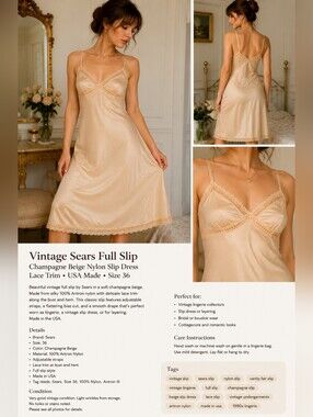 Sears Vintage 1970s Champagne Beige Satin Lace-Trim Slip Dress